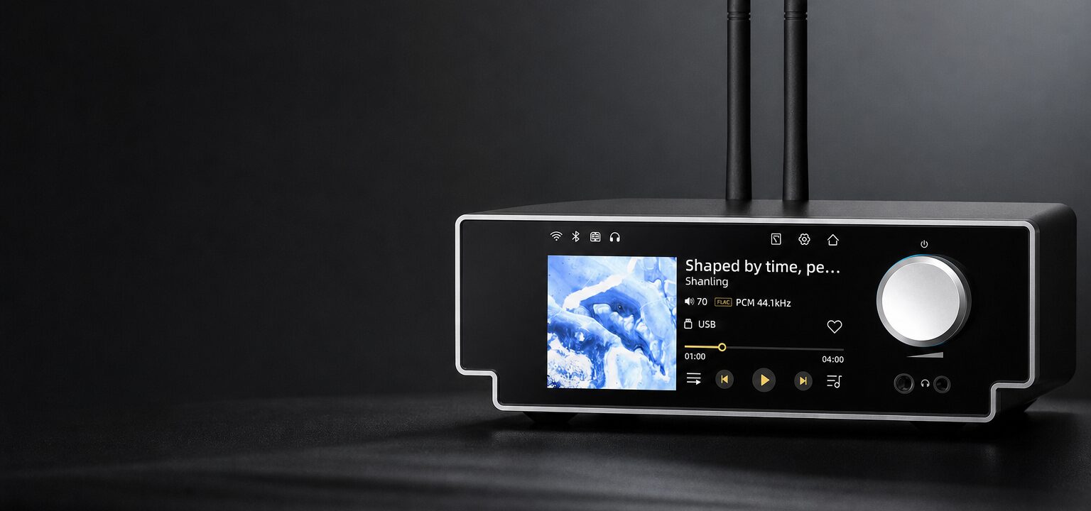 Shanling SM50, music streamer compatto con display touchscreen e uscite RCA e XLR.